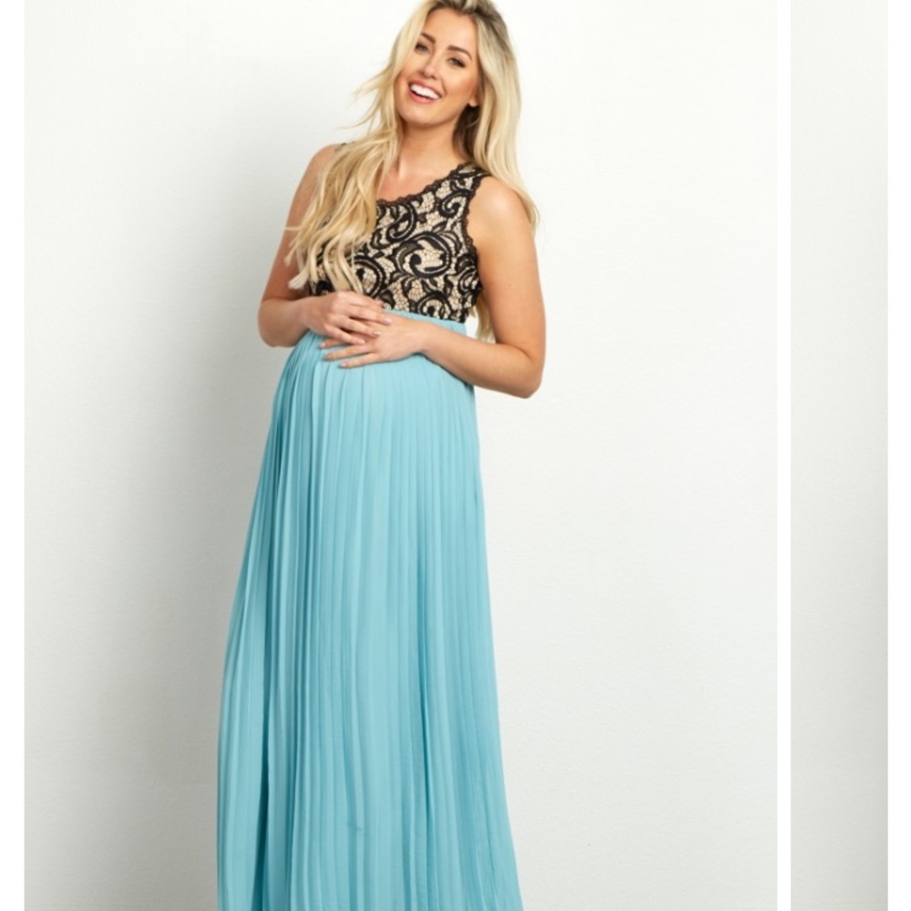Dusty Aqua Pleated Chiffon Lace Top Dress